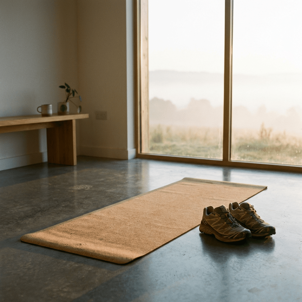 Cork yoga mat and hiking shoes on a polished floor facing a large scenic window.