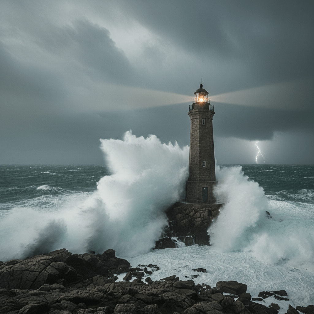 Lighthouse with glowing beacon enduring crashing waves and lightning under a dark stormy sky.
